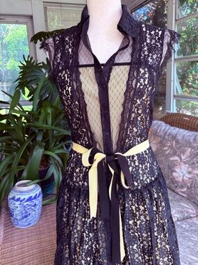 Designer Black Sheer Lace Midi Dress with Pale Yellow and black ribbon belt